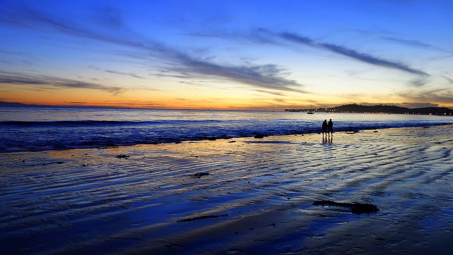 silhouette photo, two, persons, body, water, Los Angeles, Santa Barbara, Beach, santa barbara, beach, sunset
