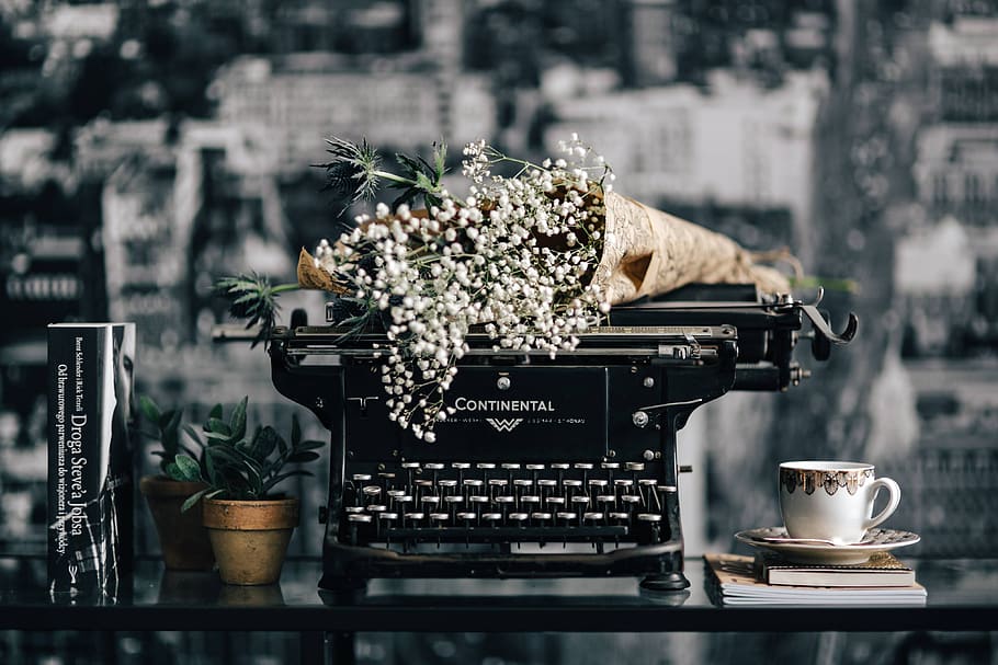 vendimia, teclado, máquina de escribir, antiguo, retro, escritor, acrílico, negro, flor, planta