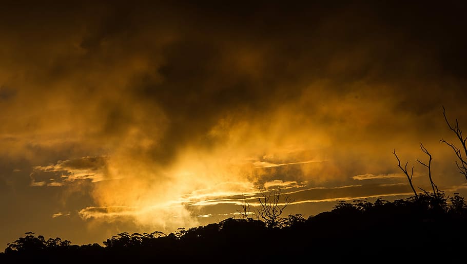 Pôr do sol, nuvens, laranja, céu, cinza, dramático, tempestade, austrália, horizonte, árvores