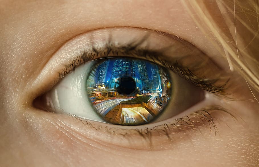 eye, reflection, city, lights, streets, building, modern, woman, future, smart