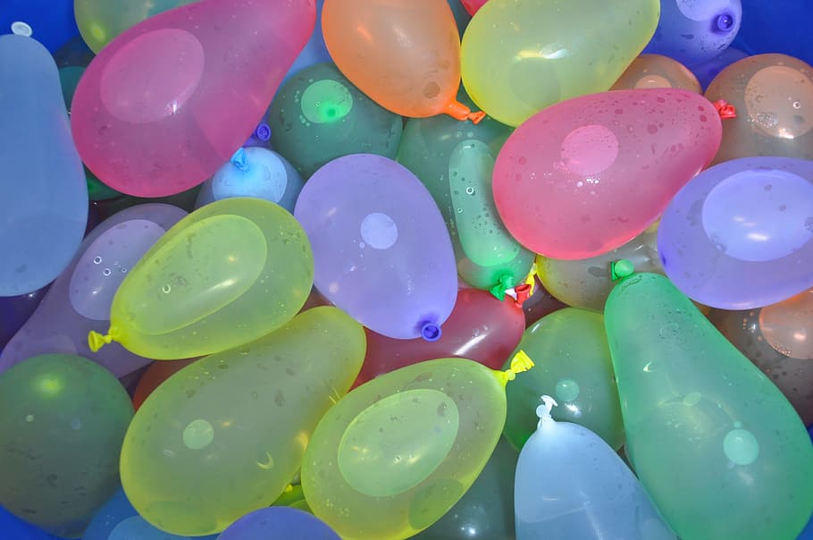 assorted, color balloons, filled, water, color, balloons, water polo, summer, balloon, joke