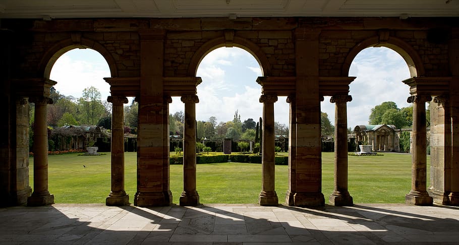 architectural, photography, brown, building, Italian Garden, Hever Castle, Kent, england, colonnade, anne boleyn