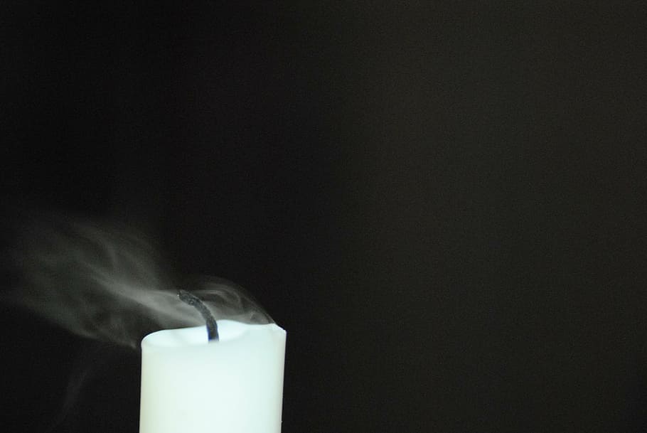 white candle, candle, flame, smoke, wind, air, fire, smoke - physical structure, burning, black background