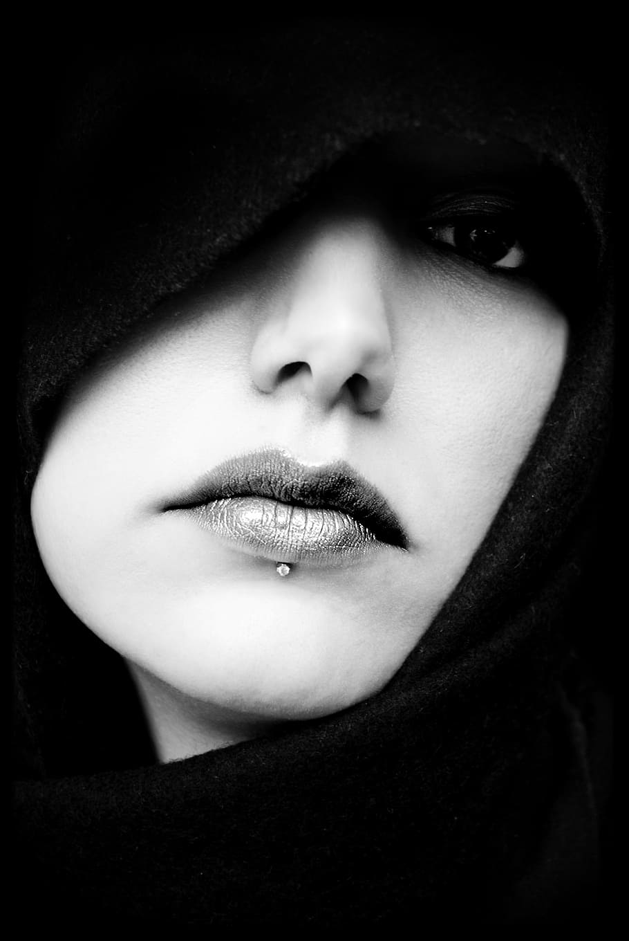 grayscale photo, woman, wearing, black, scarf, mouth, face, portrait, ms, girl