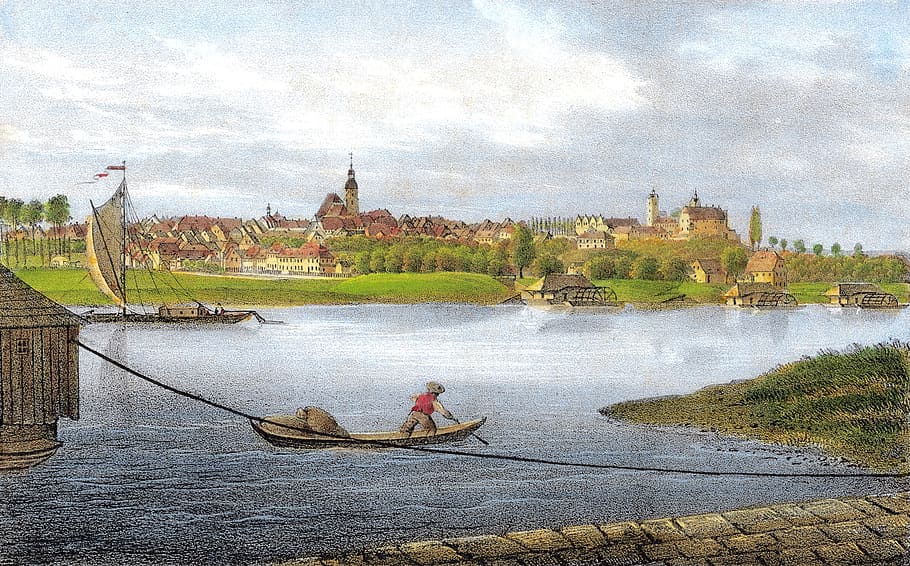 litografía, río, ferry, molinos de barcos, lorenzkirch, strehla, 1840, impresión planográfica, presión, impresión en color