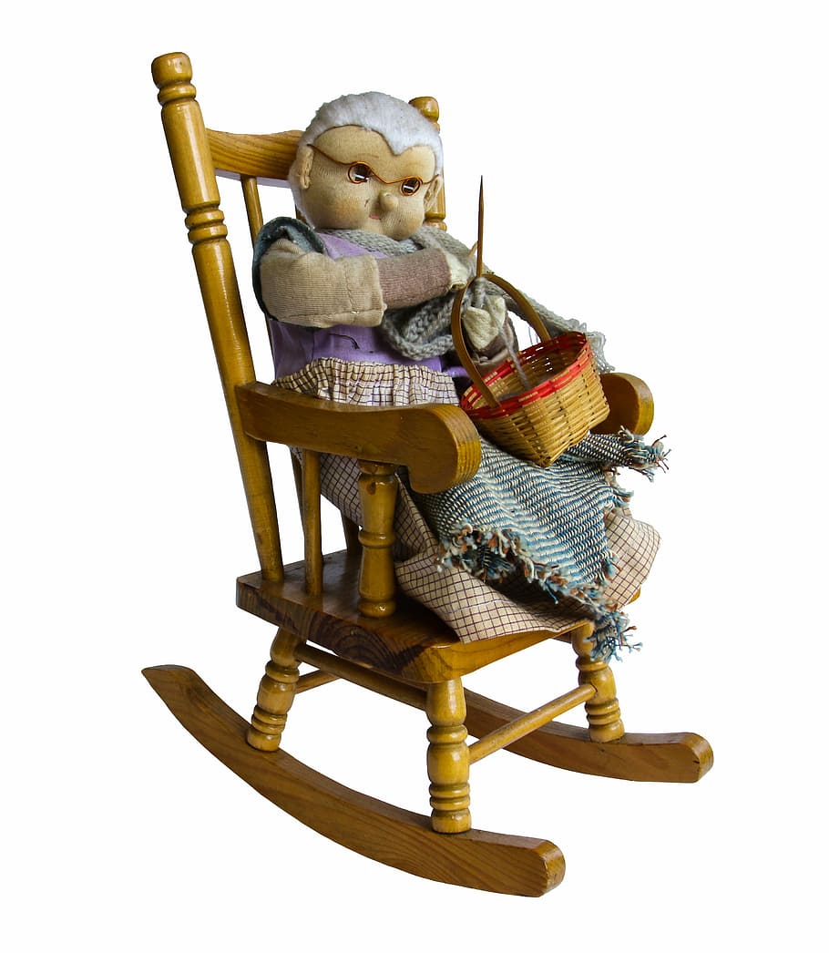 brown, doll, wooden, rocking chair, grandma, grandmother, exemption, crochet, knit, wool