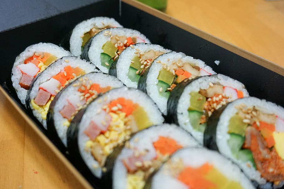 selective, focus photography, sliced, rice sushi, box, kim rice, vegetables rolled in, lunch, japanese food, seafood