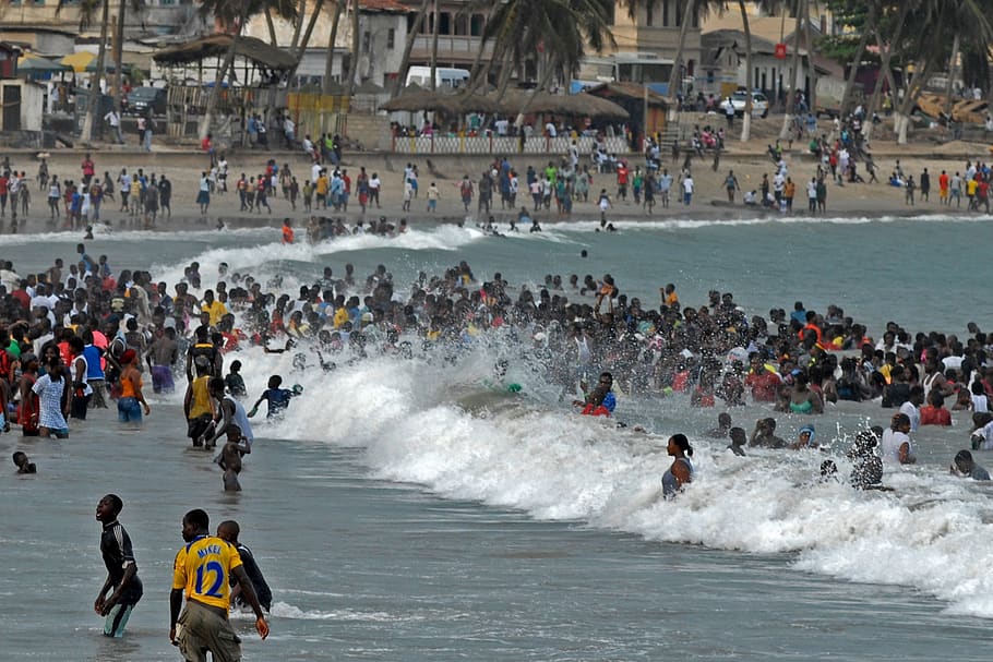 ghana, easter, beach, swim, fun bathing, water, group of people, sea, crowd, large group of people