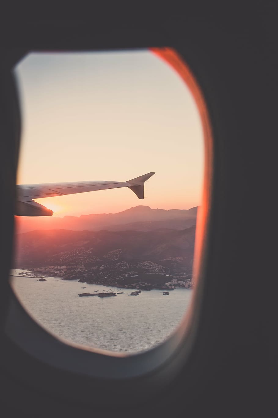 right wing, plane, viewing, window, golden, hour, airplane, wing, body, water