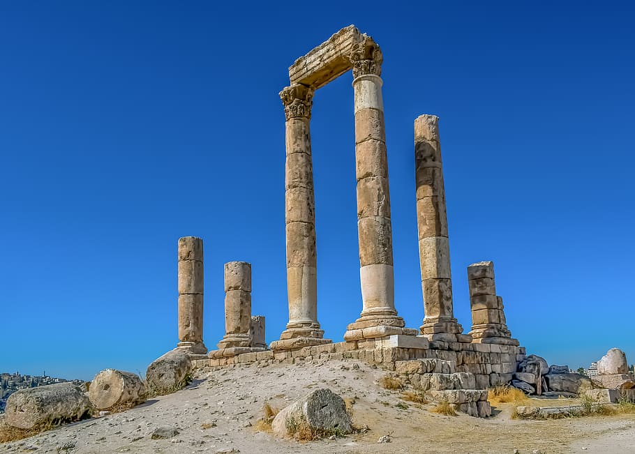 templo de hercules, local histórico, templo romano, pilares, cidadela de amã, antiga, histórico, viagens, turismo, arqueologia