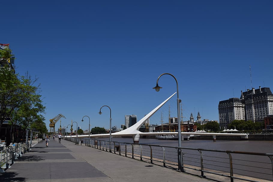 the bridge of the woman, buenos aires, puerto madero, architecture, built structure, city, sky, building exterior, street light, street