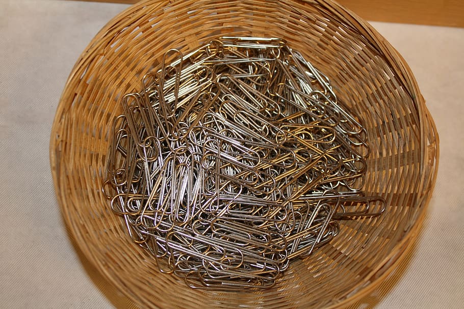 paperclip, basket, metal, office supplies, close-up, indoors, still life, container, high angle view, table