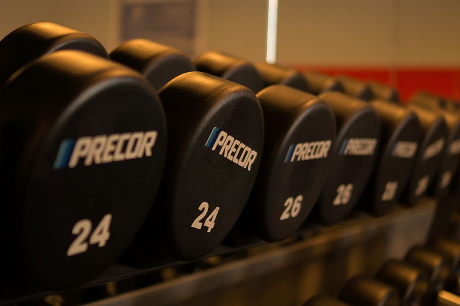 pile, black, precor dumbbells, closeup, photography, precor, weights, dumbbells, gym, fitness