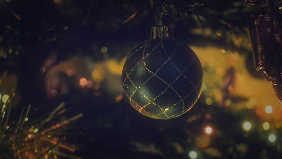 christmas, tree, ball, decor, ornaments, lights, bokeh, blur, christmas tree, holiday