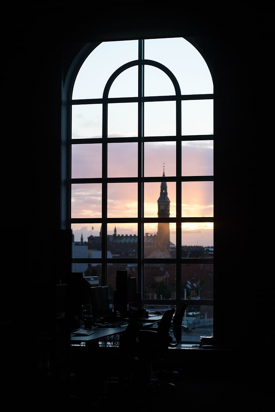 black, framed, clear, glass window, front, tower, golden, hour, sunset, building