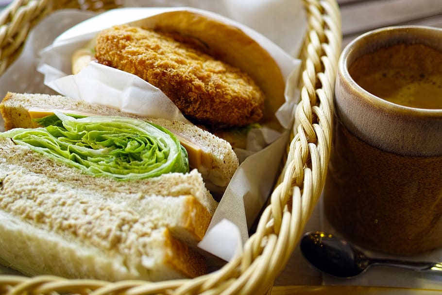 western, bread, sandwich, basket, croquettes, coffee, cuisine, diet, food, food and drink