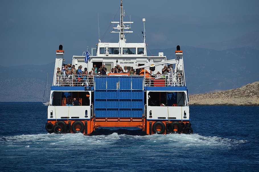 ferry, greece, chalki, boat, sea, sunshine, people, water, island hopping, transportation