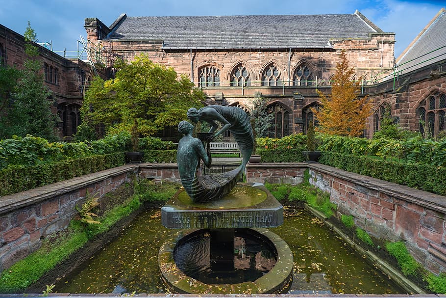chester cathedral, architecture, statue, garden, english, chester, sculpture, built structure, representation, art and craft