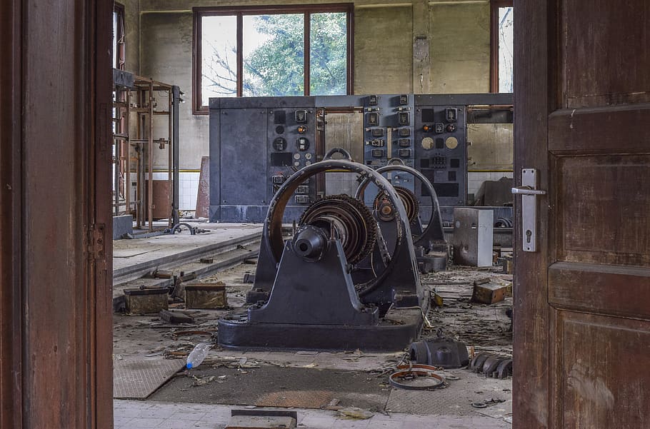 lost places, turbine, power generation, industrial architecture, factory building, transience, metal, old, generators, power plant