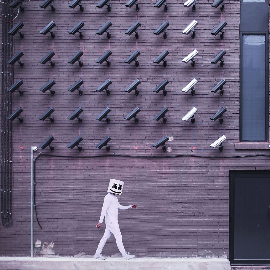 marshmello, standing, wall, man, white, black, mask, gray, filled, surveillance