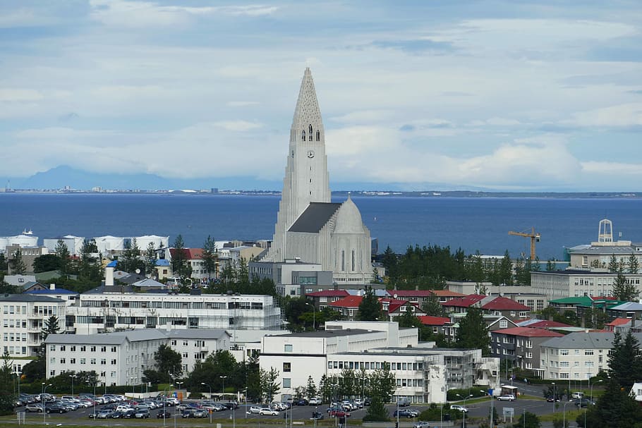 Reykjavik, Islândia, Panorama, Igreja, hallgrímskirkja, montanhas, atlântico, mar, vista, perspectivas