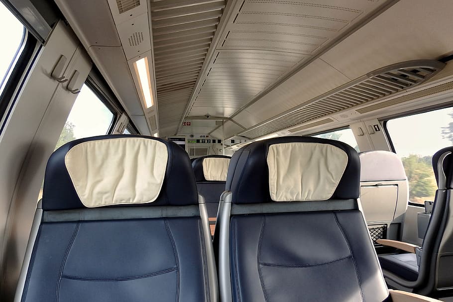 train, travel, sit, wagon, railway, deutsche bahn, compartment, exit, transportation, vehicle interior