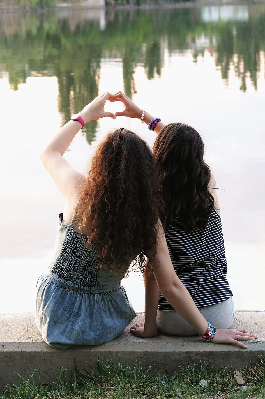 girls, curly hair, bracelets, friendship, back, heart, park, water, women, lake