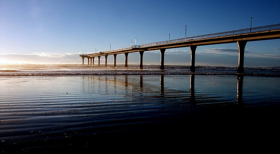 New Brighton, Dermaga Brighton, Christchurch, NZ, jembatan, sungai, air, struktur buatan, langit, koneksi