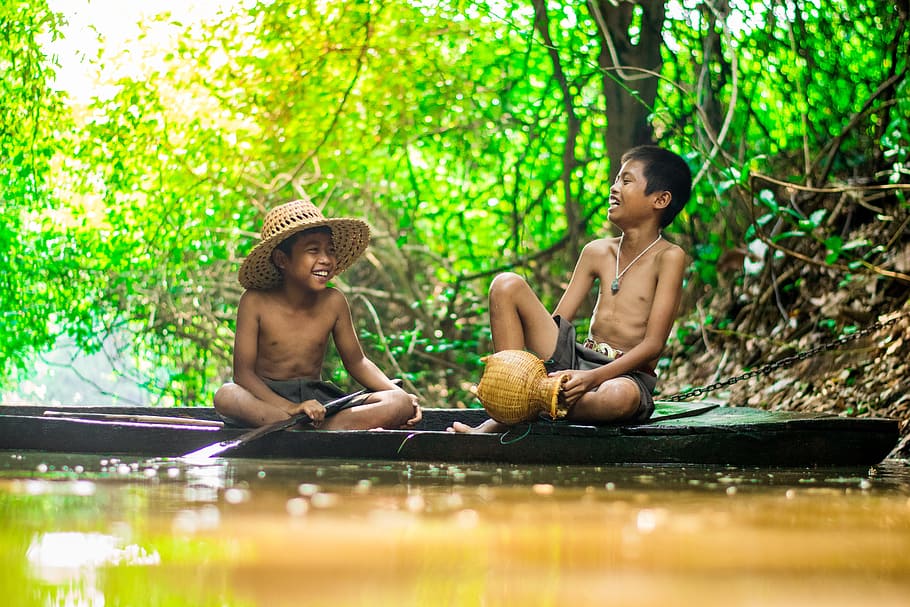 two, boys, canoe, smiling, rive r, Water, Play, Kids, De, Outdoor