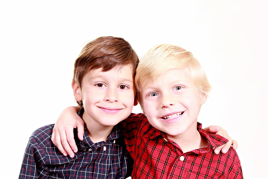 smiling, boys, red, black, plaid, dress shirts, red and black, brothers, family, child