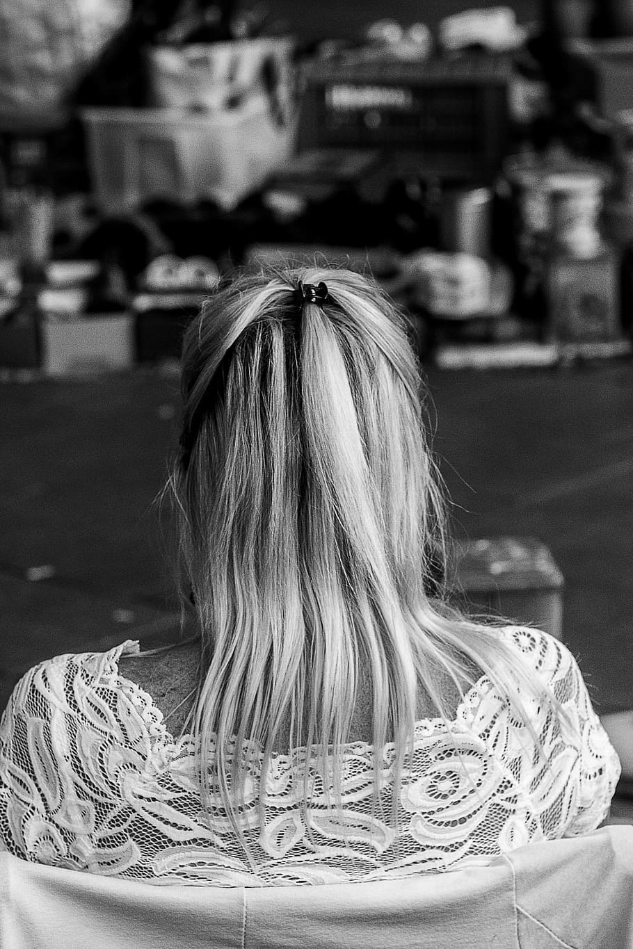 street photography, black white, genk, zomermarkt, women, hair, hairstyle, real people, rear view, one person