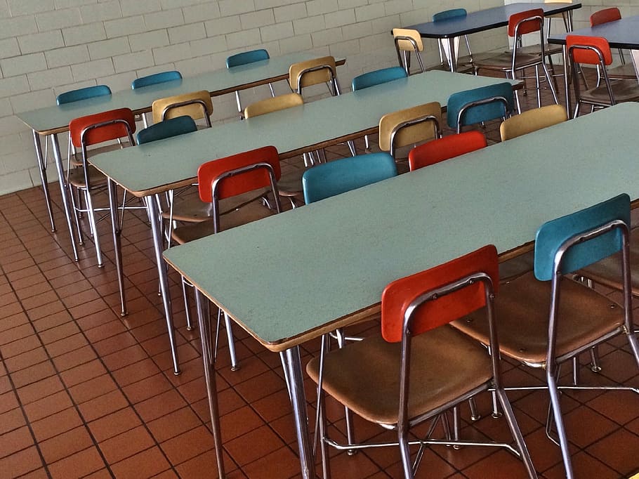 blue, gray, brown, dining tables, blue, gray, dining, tables, education, cafeteria, student