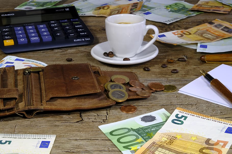 money, bank note, coins, euro, purse, calculator, count, desktop computer, coffee, espresso