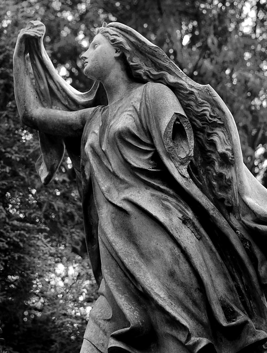 grayscale photo angel statue, cemetery, black white, broken, grave, cemetery barges, woman, sculpture, art and craft, statue