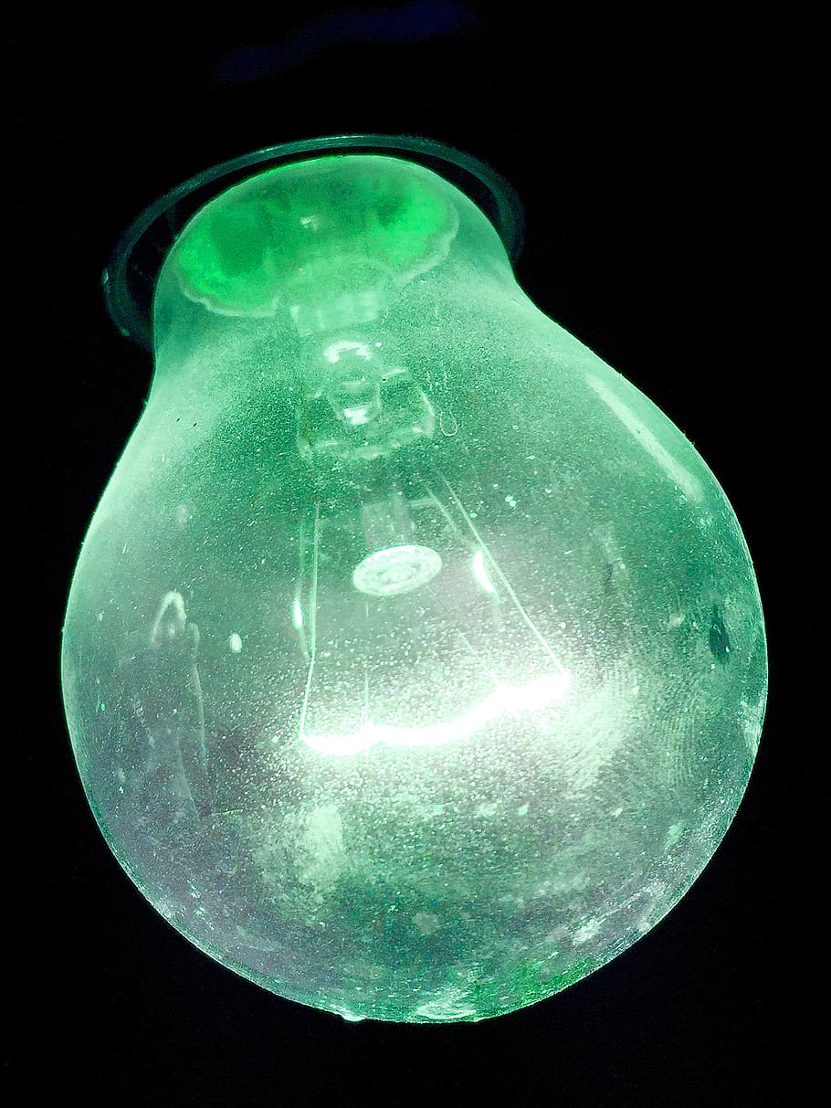 light bulb, pear, shining, light, lamp, colorful, black background, illuminated, green color, studio shot