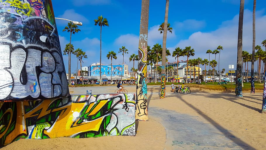 Venice Beach, praia, areia, arte, arte de rua, céu, azul, palma, distância, los angeles