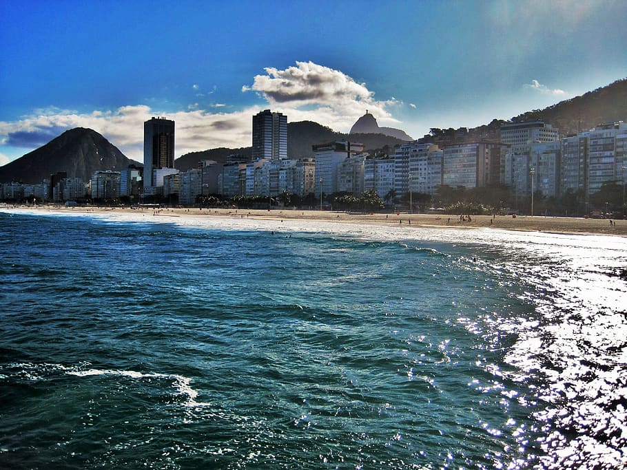 copacabana, vistas do corcovado, rio, praia, sol, rio de janeiro, brasil, ensolarado, azul, natureza