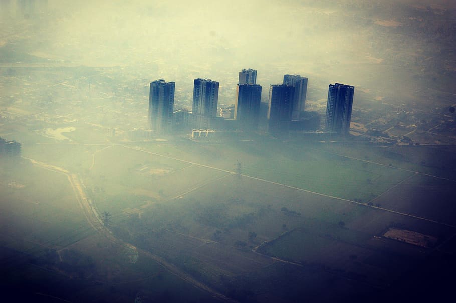 pássaro, vista aérea, edifícios, ar, poluição, deli, arquitetura, ninguém, cidade, arranha céu