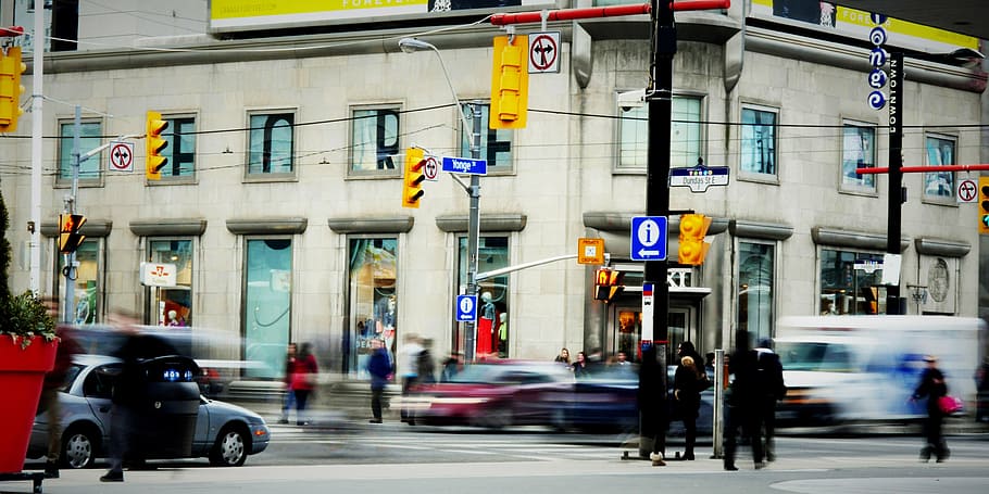 long, exposure photography, cars, streets, toronto, yonge and dundas, city, intersection, architecture, transportation