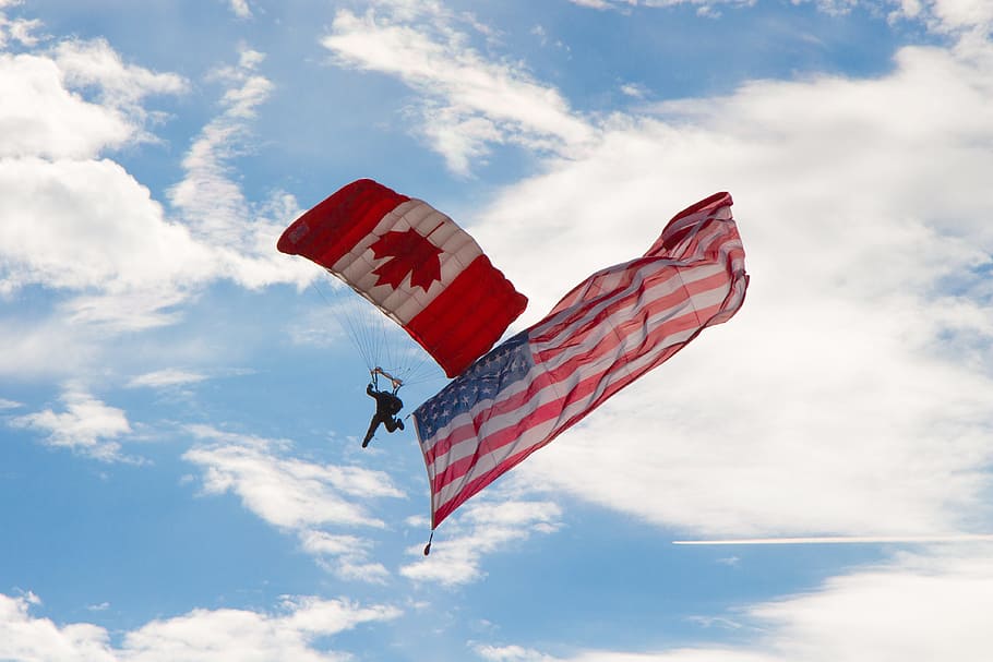 paracaidista, exhibición aérea, canadiense, americano, bandera, militar, fuerza aérea, equipo de salto, cielo, deporte