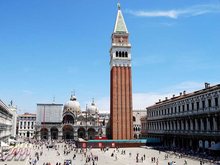 st mark's, venice, piazza, campanile, italy, architecture, built structure, building exterior, large group of people, crowd