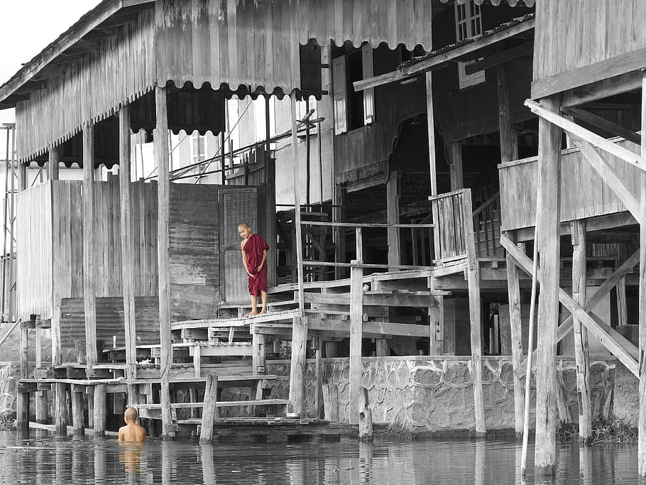 monks, buddhism, inle lake, on stilts, bathroom, water, burma, architecture, built structure, building exterior