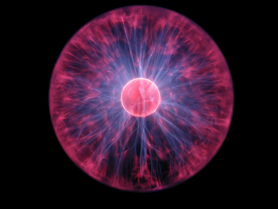 red, plasma globe, close-up photo, electricity, plasma, discharge, lamp, ball, dome, sphere