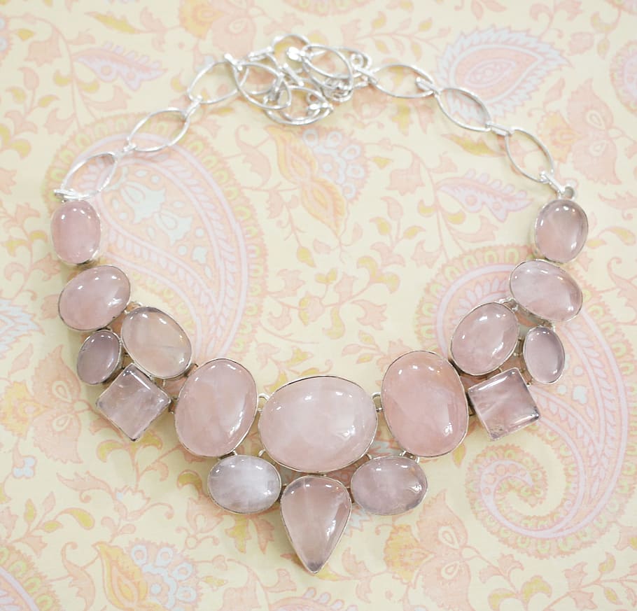pink, gemstone bib necklace, rose quartz, stone, necklace, choker, silver, sterling, white, isolated