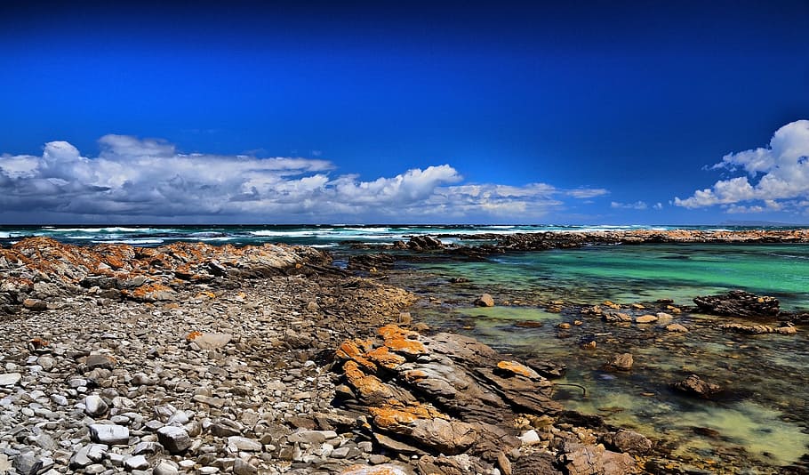 seashore, body, water, cape agulhas, lagoon, ocean, blue, rocks, nature, south africa