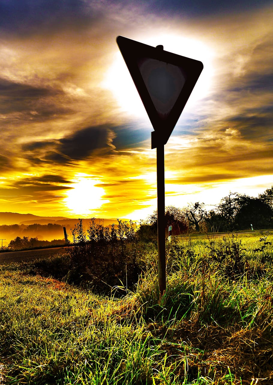 street sign, attention, right of way, backlighting, sunset, traffic sign, landscape, silhouette, shield, hdr