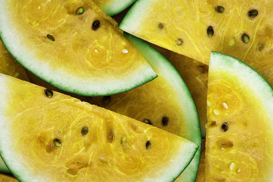 yellow watermelons, healthy, fruit, food, sweet, slice, background, bright, closeup, delicious