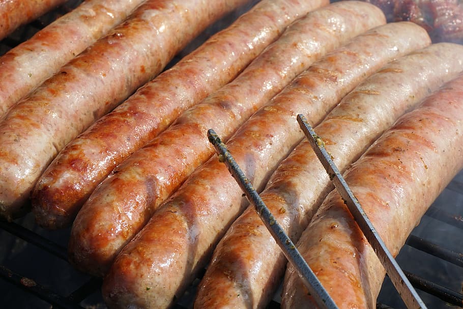 sausages on grill, grill, sausage, grilling, grill sausage, barbecue, bratwurst, food, eat, meat