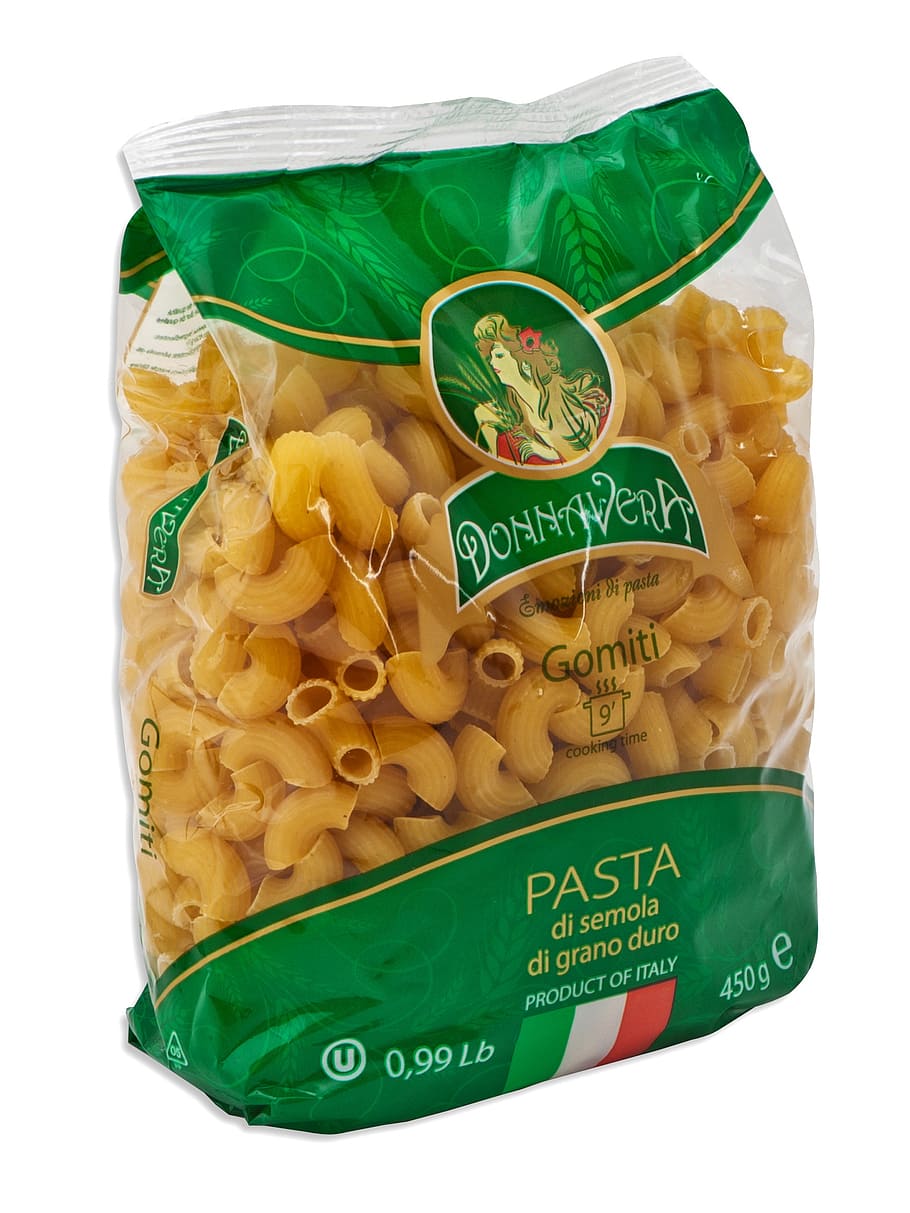 pasta, products, food and drink, food, white background, bag, container, studio shot, text, green color
