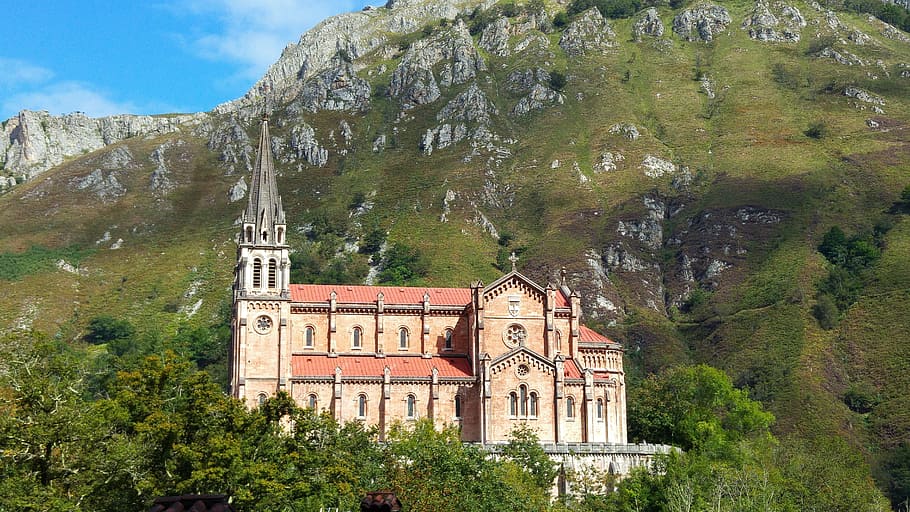 brown, red, concrete, cathedral, surrounded, mountain, asturias, covadonga, church, picos de europa